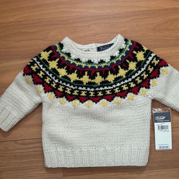 Polo by Ralph Lauren Women's Cream Sweater with Red and Yellow Pattern